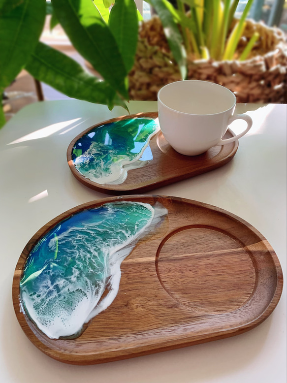 海のアカシアプレート！おうちカフェ ウッドプレート 木製トレイ 海のハンドメイド 7枚目の画像