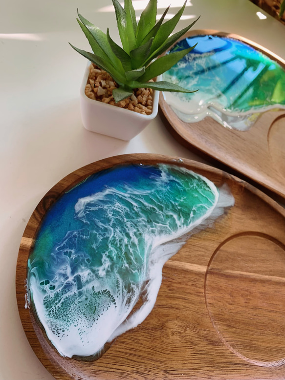 海のアカシアプレート！おうちカフェ ウッドプレート 木製トレイ 海のハンドメイド 6枚目の画像