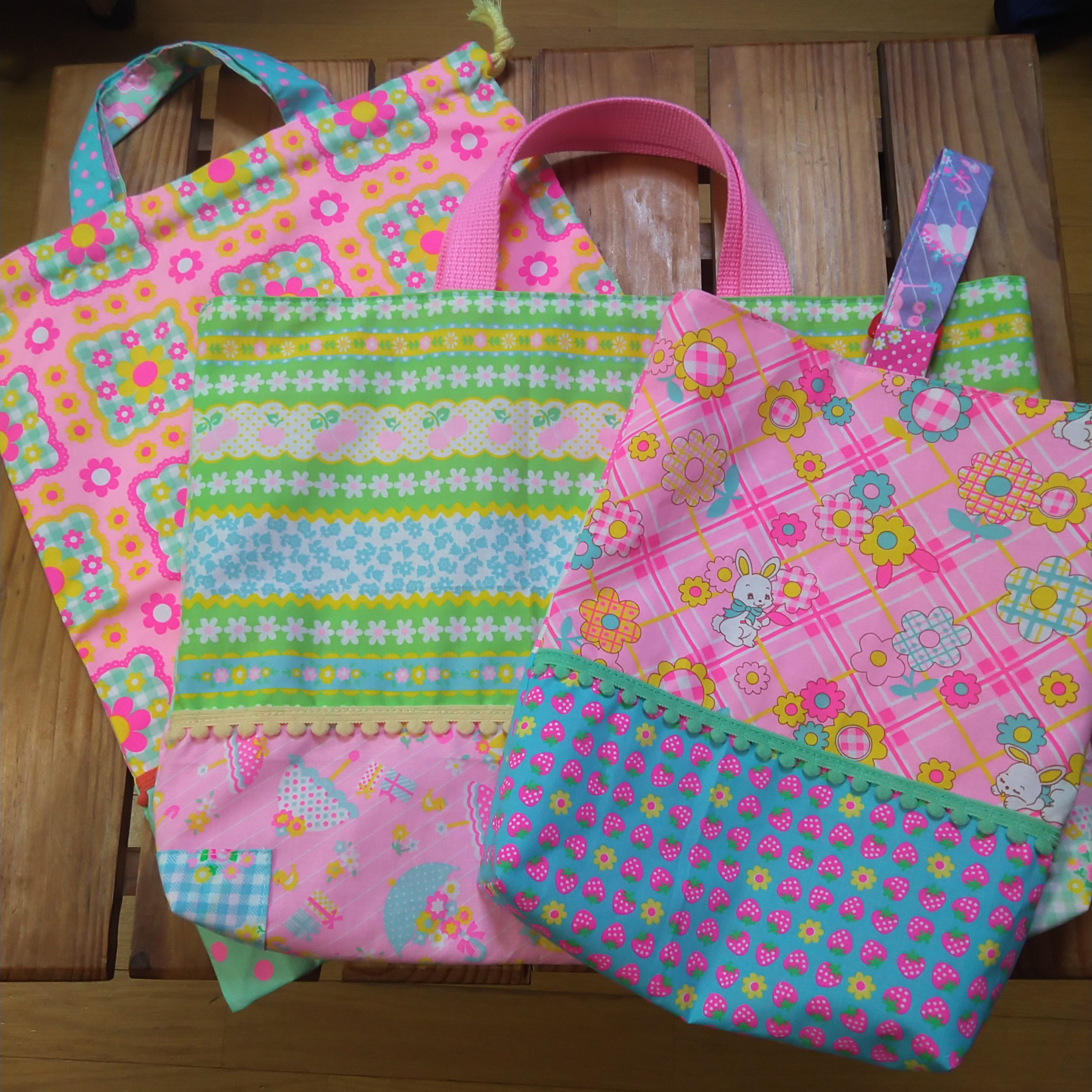 送料無料　1入園入学準備ピンクス手提げ　レッスンバック　上履き入れ　体操服袋　女の子　体操着入れ　巾着袋　体育着入れ