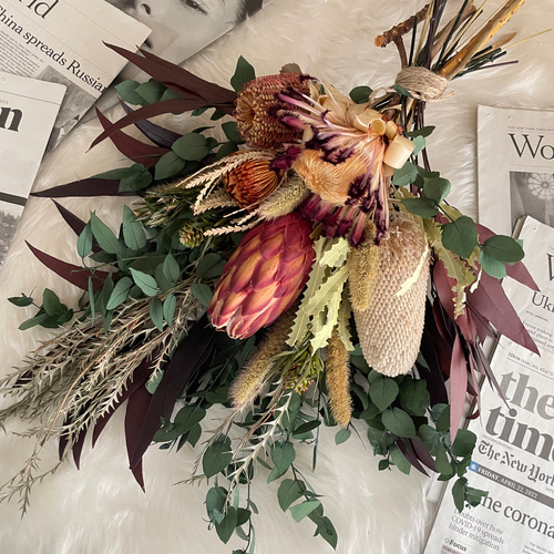 ドライフラワーブーケ リゾートウエディング プロテアとバンクシアの