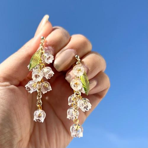 すずらんのピアス クリア×グリーン イヤリング対応】 レジン 