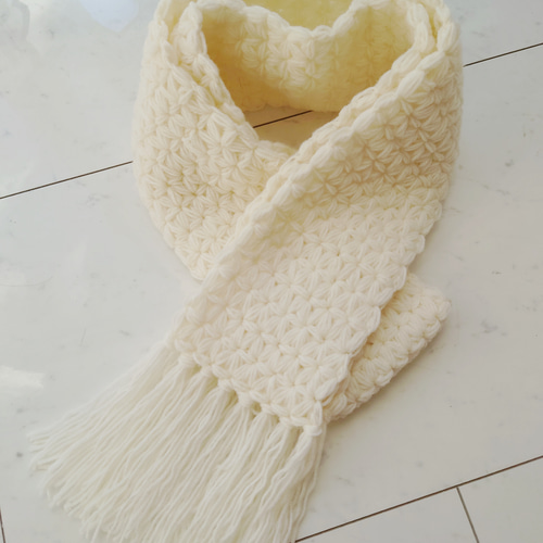 再再再販】マフラー 白 リフ編み 花 模様 フリンジ 編み 手編み 編み物