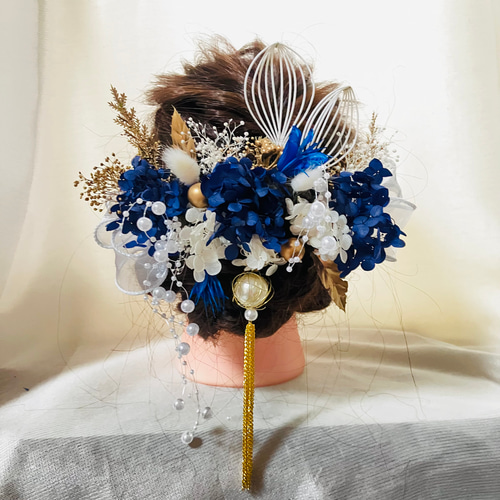 結婚式髪飾りパール簪&プリザーブドフラワーブルー&ゴールドと成人式