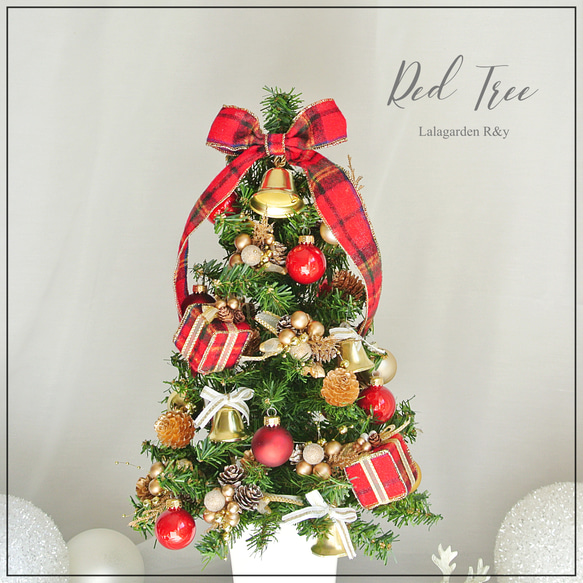 <送料無料>【一点物】”ホーリーレッド” タータンチェックのクリスマスツリー  　クリスマスツリー　赤×ゴールド　クリス 5枚目の画像