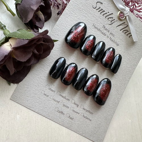 243》赤 黒 キラキラ 原則 個性派 ネイルチップ ネイルチップ（つけ爪