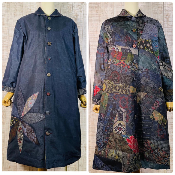 大島紬継ぎ接ぎパッチワーク＊ブロッキングリバーシブルロングコートL