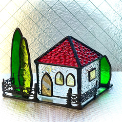 キラキラミニハウス　　ステンドグラス　赤い屋根　キャンドルホルダー 1枚目の画像