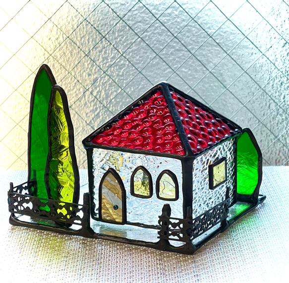 キラキラミニハウス　　ステンドグラス　赤い屋根　キャンドルホルダー 1枚目の画像