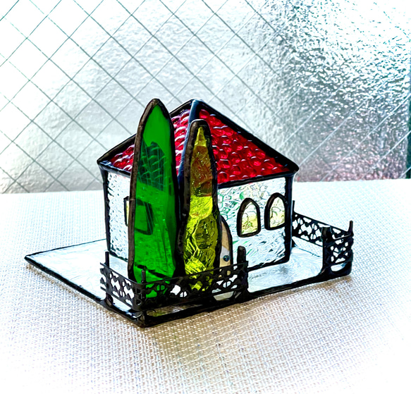 キラキラミニハウス　　ステンドグラス　赤い屋根　キャンドルホルダー 2枚目の画像