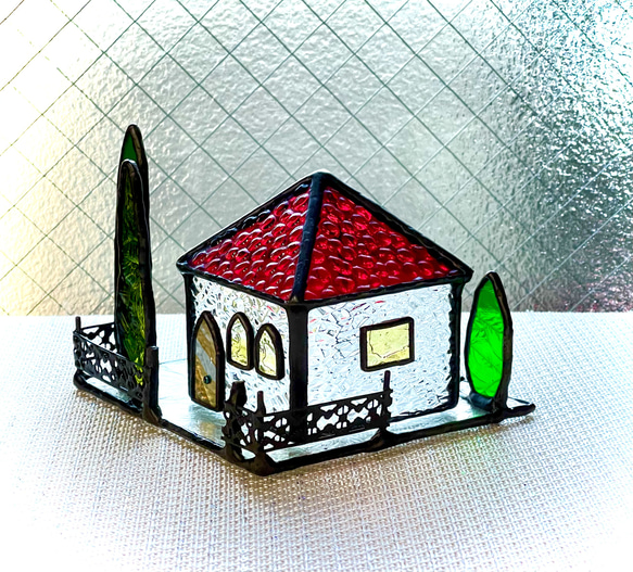 キラキラミニハウス　　ステンドグラス　赤い屋根　キャンドルホルダー 4枚目の画像