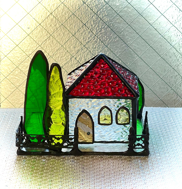 キラキラミニハウス　　ステンドグラス　赤い屋根　キャンドルホルダー 6枚目の画像