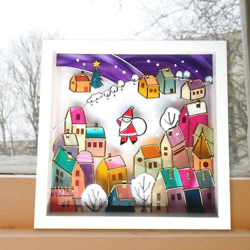 ステンドグラス　夜の街にサンタがやって来た！ ステンドグラス 夜の街にサンタがやって来た！ 🎅 Santa Claus