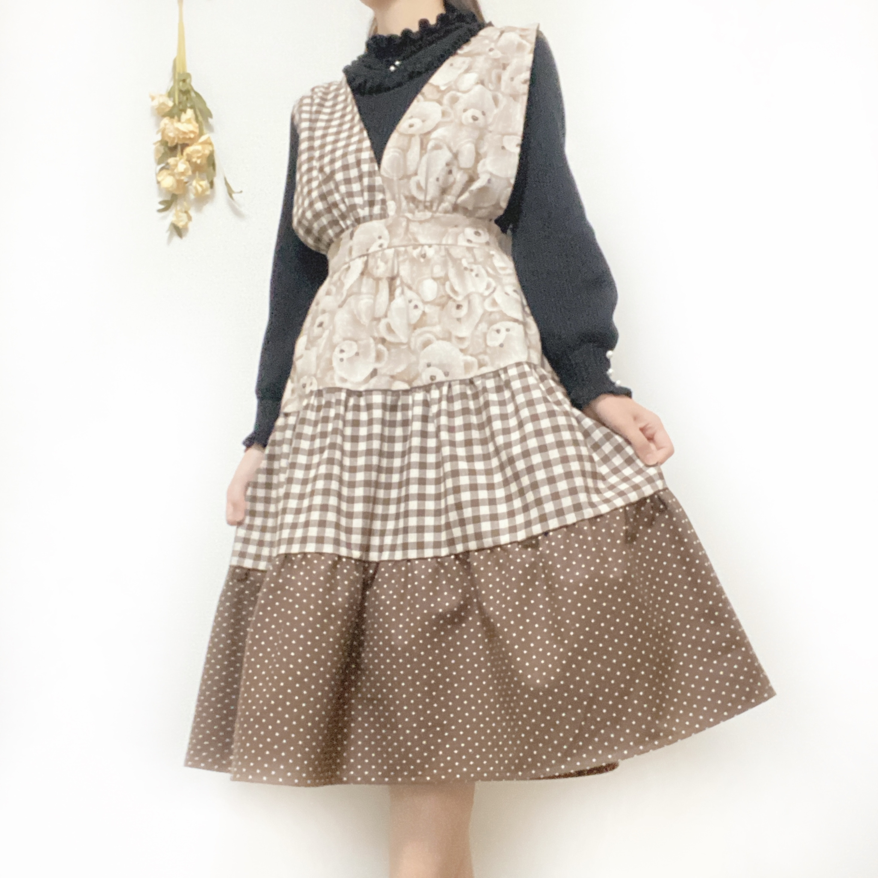 レトロかわいい＊クマとギンガムとドットの切替ジャンスカワンピース