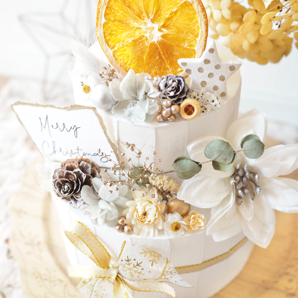 クレイケーキ　飾り付き　ホワイトグレー　ポインセチア　クリスマスケーキ　結婚式　 5枚目の画像