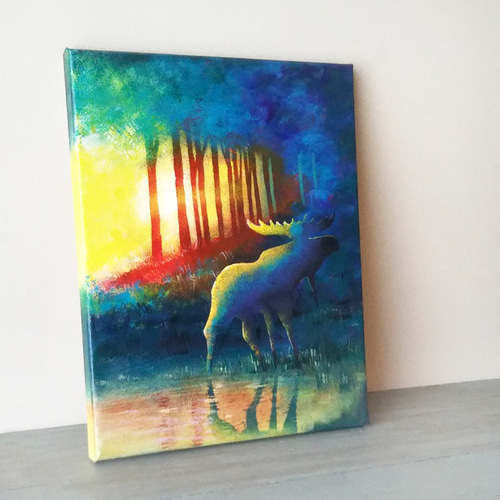 原画】森へ帰るヘラジカ 絵画 キャンバスアート F3号 絵画