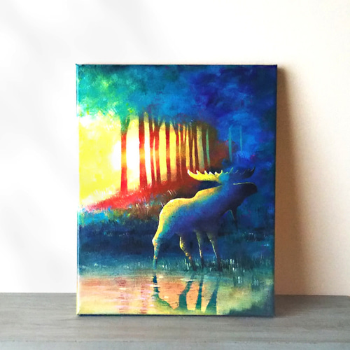 原画】森へ帰るヘラジカ 絵画 キャンバスアート F3号 絵画