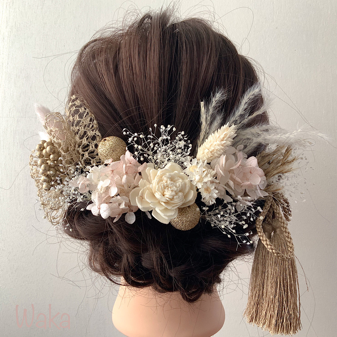 【ネットリボン】くすみ系ドライフラワー髪飾り。成人式・卒業式・結婚式・振袖・袴・ヘア飾り /027