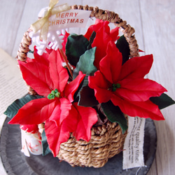【粘土のお花】　ポインセチア ハンドル籠バック　クリスマスアレンジ　ニッセマスコット（どちらか1つ付き♪）　P737 5枚目の画像