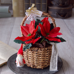 【粘土のお花】　ポインセチア ハンドル籠バック　クリスマスアレンジ　ニッセマスコット（どちらか1つ付き♪）　P737 3枚目の画像