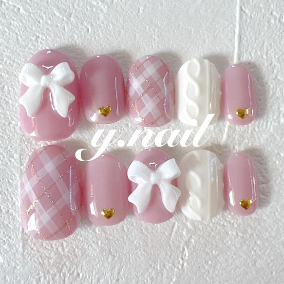 リボンネイル/チェックネイル/ニットネイル/ガーリーネイル ネイル  