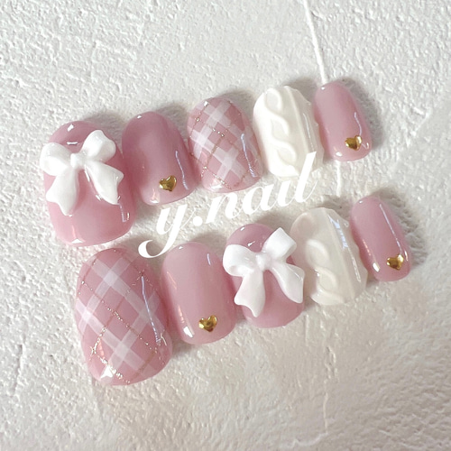 リボンネイル/チェックネイル/ニットネイル/ガーリーネイル ネイル