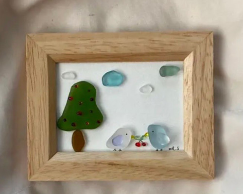 WOL.S シーグラスアート 小鳥とさくらんぼ その他インテリア雑貨 WOL.S