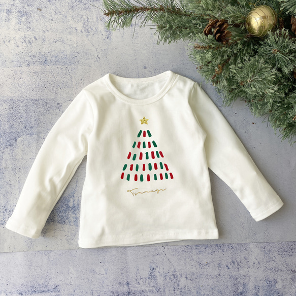 蓬鬆兒童圓點樹 T 卹，長袖，刻有名字，尺寸 80-120，聖誕節搭配 第1張的照片