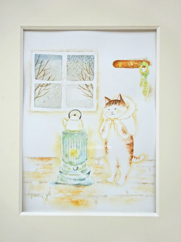 【原画】冬のお出かけ支度 / 猫とストーブ　水彩画　no.143 8枚目の画像