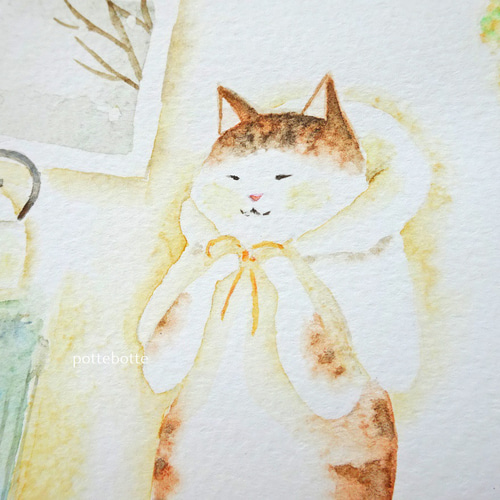 ✻ 【原画】冬のお出かけ支度 / 猫とストーブ no.176 | 絵 水彩画