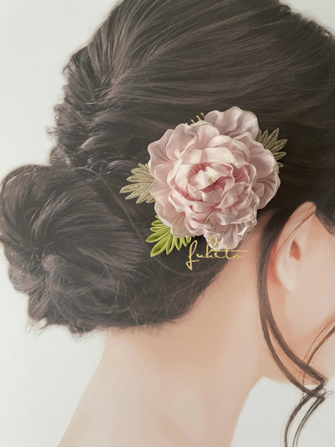 正絹羽二重つまみ細工　牡丹の髪飾りセット