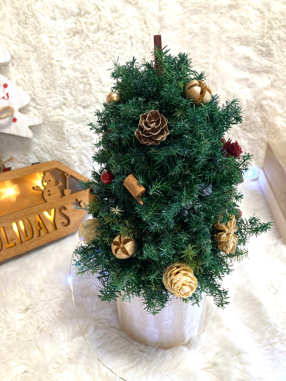 早割クリスマス2023 creema限定 プリザーブドドライフラワーキラキラのトナカイに木の実 卓上クリスマスツリー 3枚目の画像