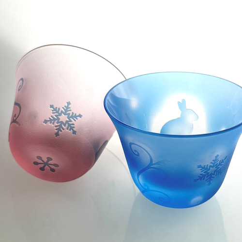 木箱入り】ペアギフト 雪うさぎ 水色&ピンクブルー ペア おちょこ