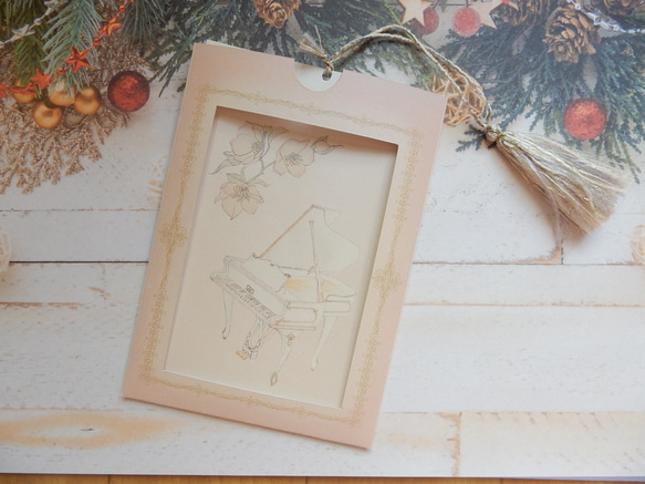 クリスマスローズとペトロフ風ピアノ♡タッセル付きメッセージカード（郵送封筒付き） 3枚目の画像