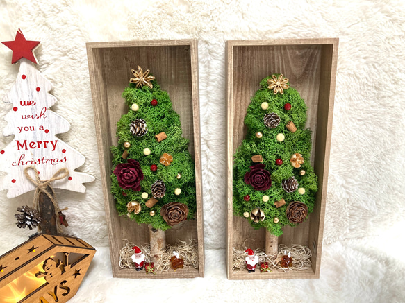 クリスマスSALE2023creema限定 プリザーブドドライフラワーウッドフレーム クリスマスツリー サンタとトナカイ 4枚目の画像