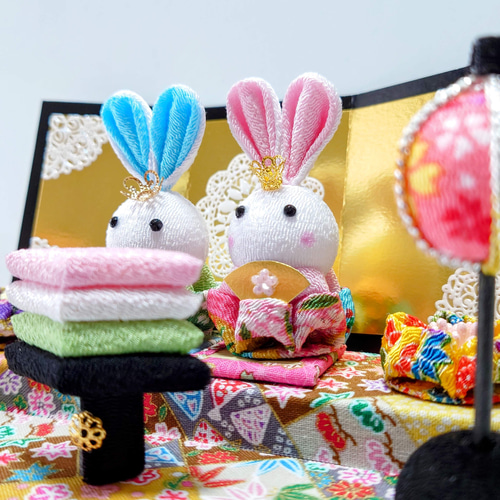 ひな祭り】うさちゃんひな人形（♂黄緑、♀ピンク）【つまみ細工