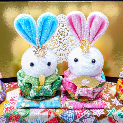 ひな祭り】うさちゃんひな人形（♂黄緑、♀ピンク）【つまみ細工