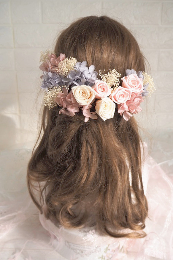 プリザーブドフラワーのバラ♡かすみピンクのヘッドドレス