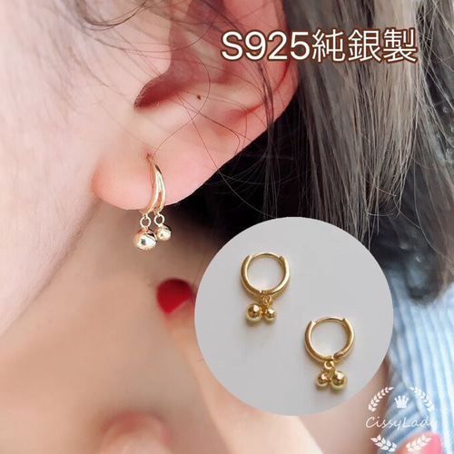 S925純銀製 ゴールド シンプル ゆらり ダブル丸玉 ボール ミニフープ