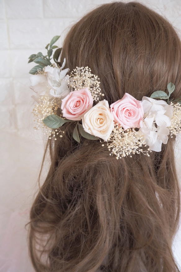 ヘッドドレス/ドレスかすみ草と薔薇　髪飾り　ヘッドドレス