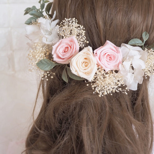 薔薇　かすみ草　髪飾り　ヘッドドレス　赤×白