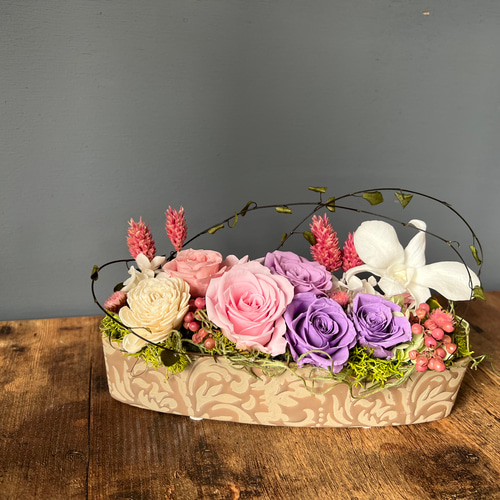 プリザーブドフラワー アレンジ ピンク、ラベンダー プリザーブド