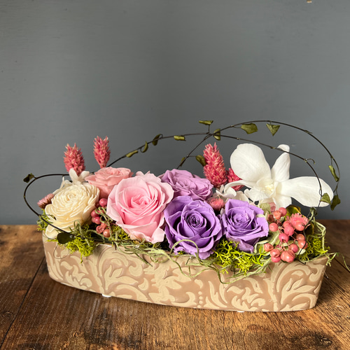 プリザーブドフラワー アレンジ ピンク、ラベンダー プリザーブド