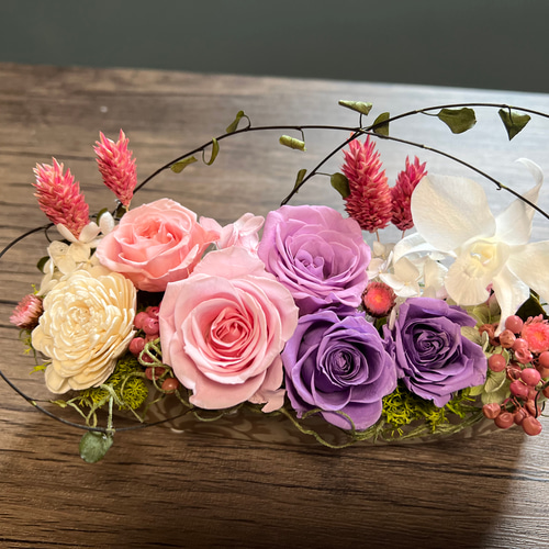 プリザーブドフラワー アレンジ ピンク、ラベンダー プリザーブド