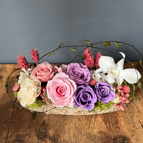 プリザーブドフラワー アレンジ ピンク、ラベンダー プリザーブド
