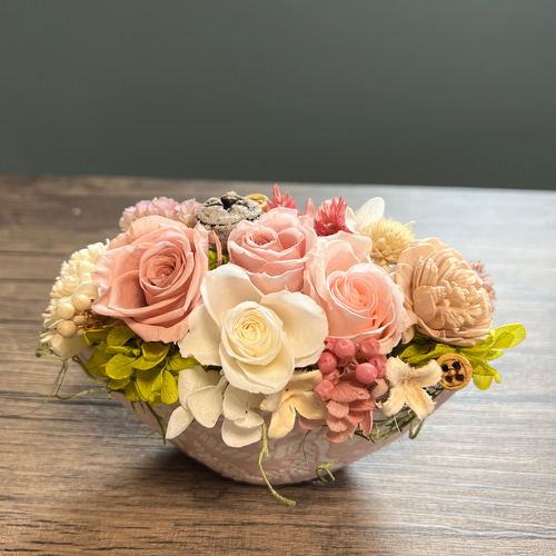 プリザーブドフラワー アレンジ ピンク、ラベンダー プリザーブド