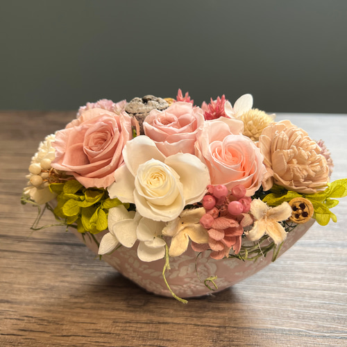 プリザーブドフラワー アレンジ ピンク、ラベンダー プリザーブド