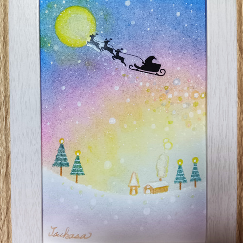 Xmas present ハンドメイドパステル画　絵画アート原画 パステルアート オーロラ色のクリスマス・ナイトとサンタクロース
