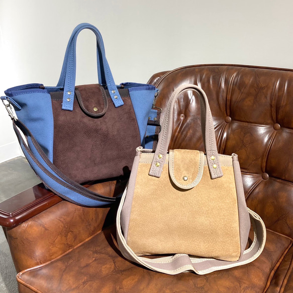 スペインSfera★最強オシャレ バイカラー魅惑なキャンバスバック バイカラーS／サックス×ブラウン／ピンクベージュ×キャメル