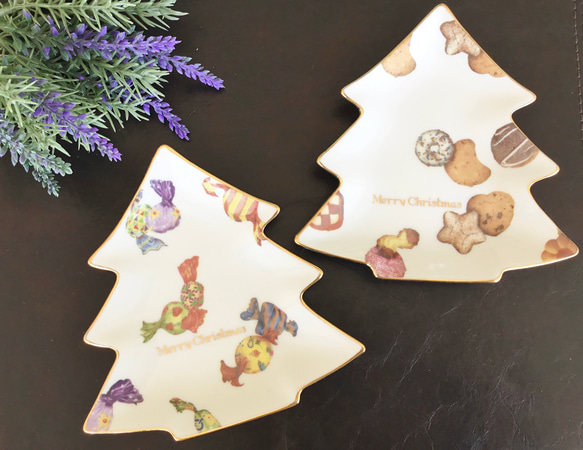 【Creema限定クリスマス2022】ツリー型プレート2枚組（クッキー＆キャンディー） 1枚目の画像