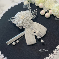 成人式卒業式結婚式・和装水引髪飾り・華一輪・ホワイトシルバー 3枚目の画像